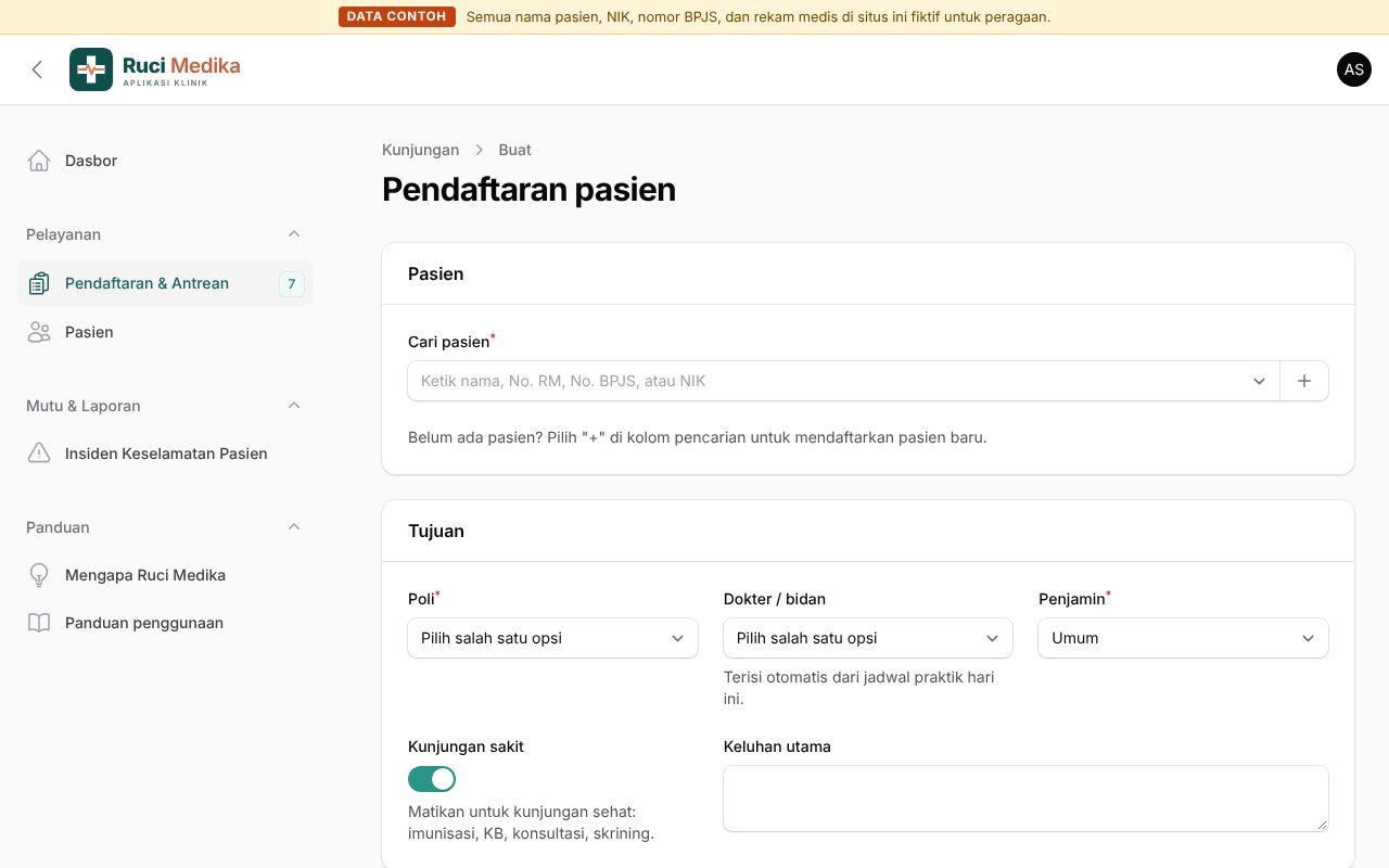 Formulir pendaftaran kunjungan dengan pencarian pasien dan cek kepesertaan BPJS